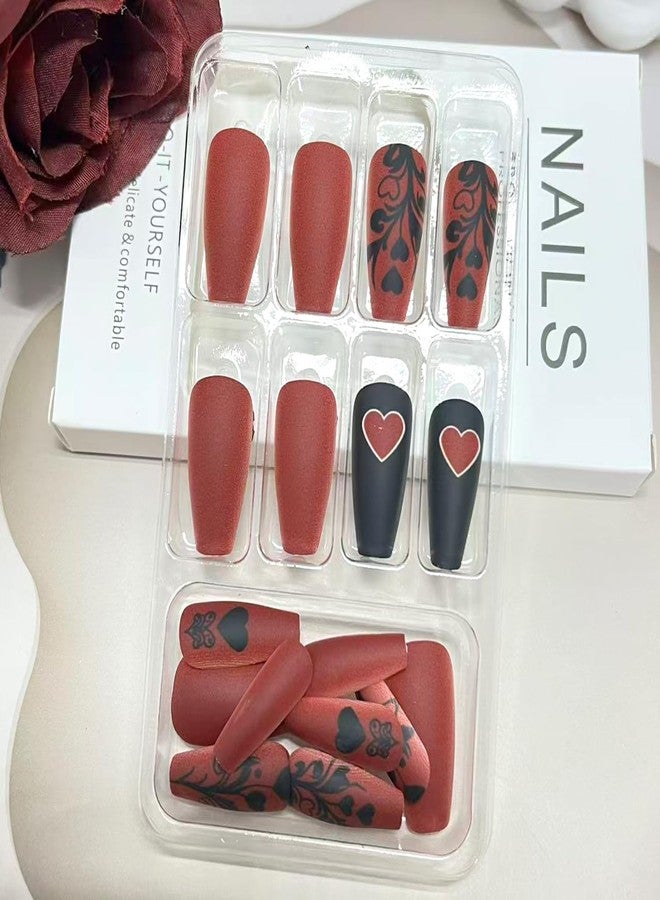 Vopintpy Black Red Flower Love Heart Press on Nails Romantic Valentines Fake Nails Matte Long Ballerina Nail Valentines Reusable Acrylic Nail for Women DIY Manicure - Image 3